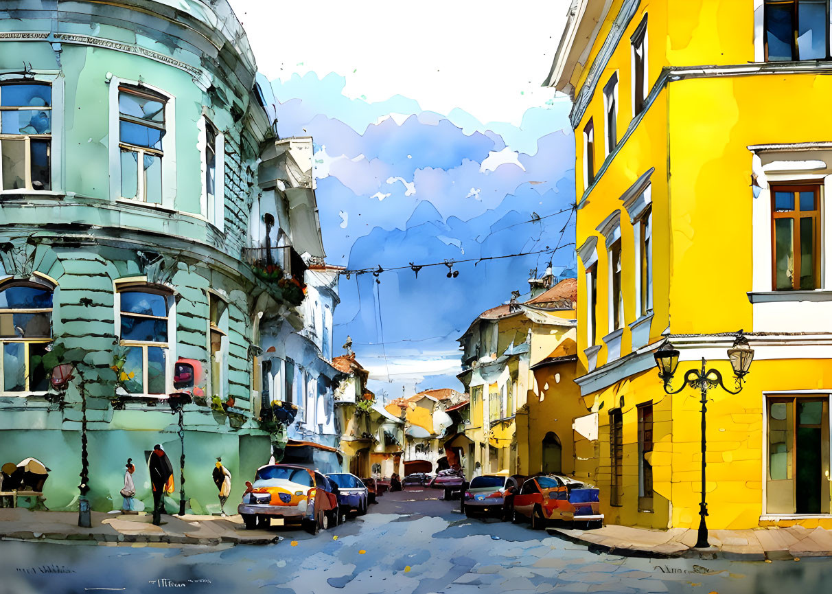 Colorful Watercolor Painting of Lively Street Corner