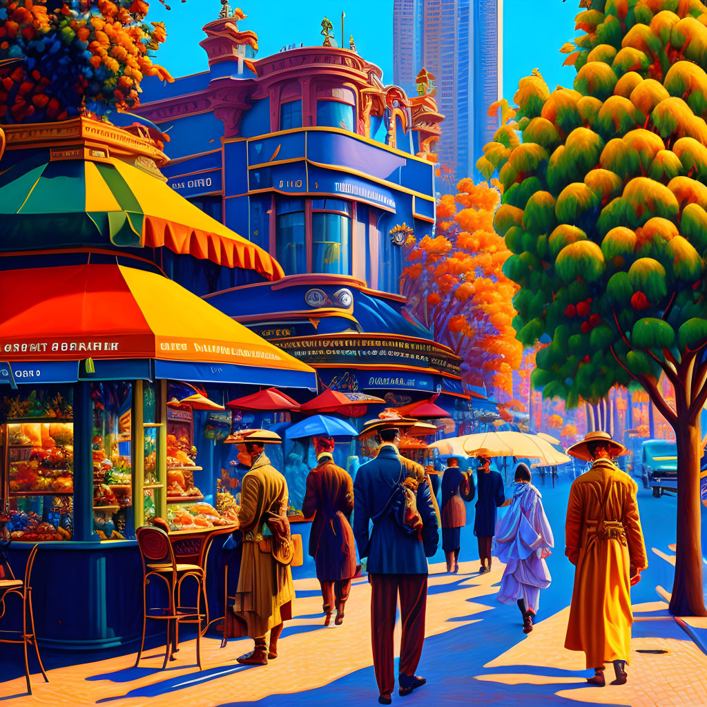 Colorful vintage street scene with people and outdoor cafes under blue sky