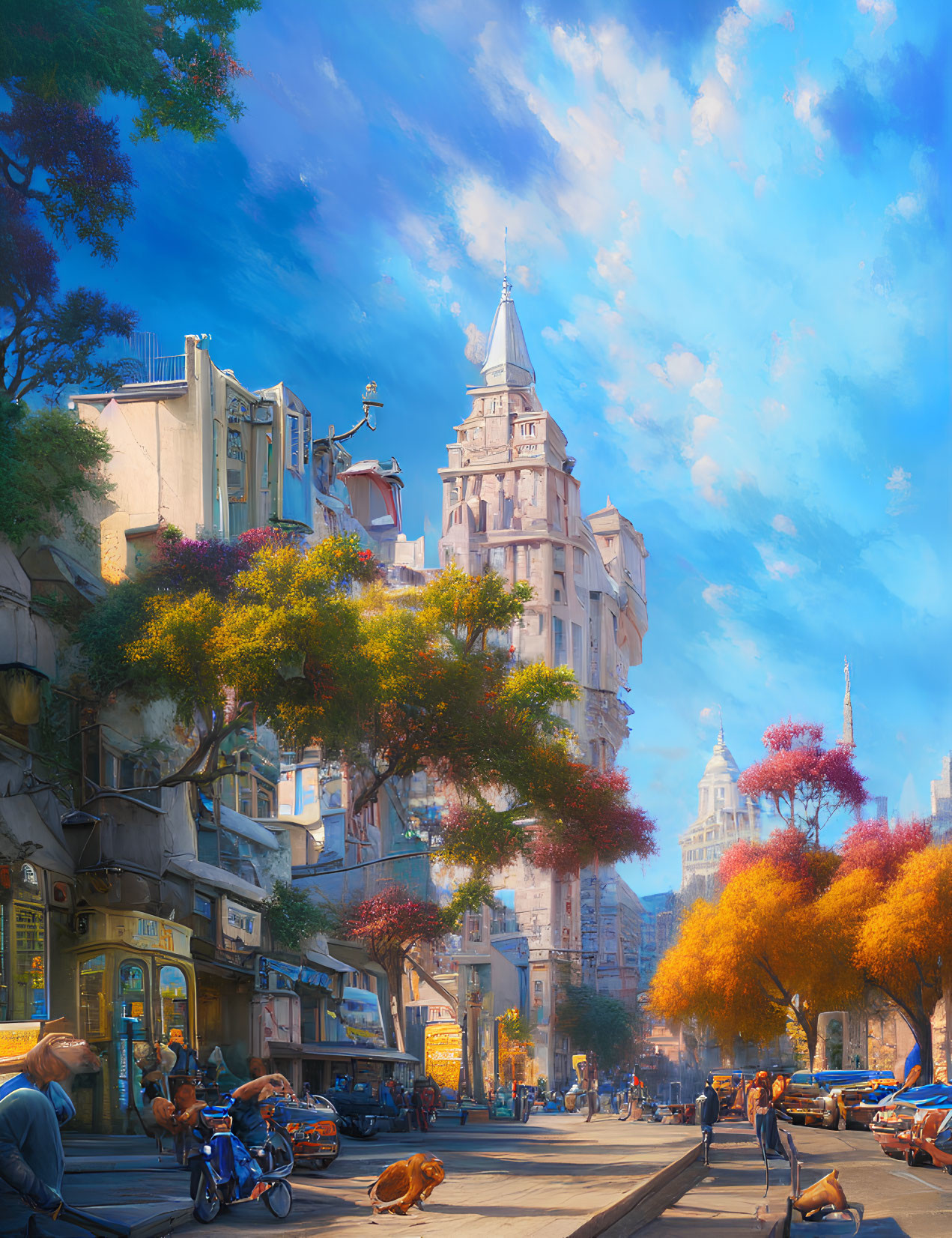 Historic buildings and autumn trees in sunlit cityscape