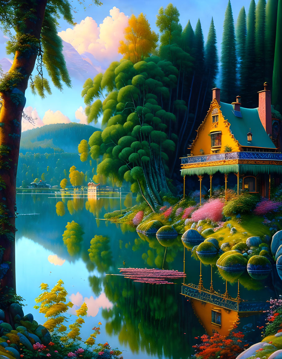 Colorful fantasy landscape with cottage by lake, forest, mountains, and blue sky