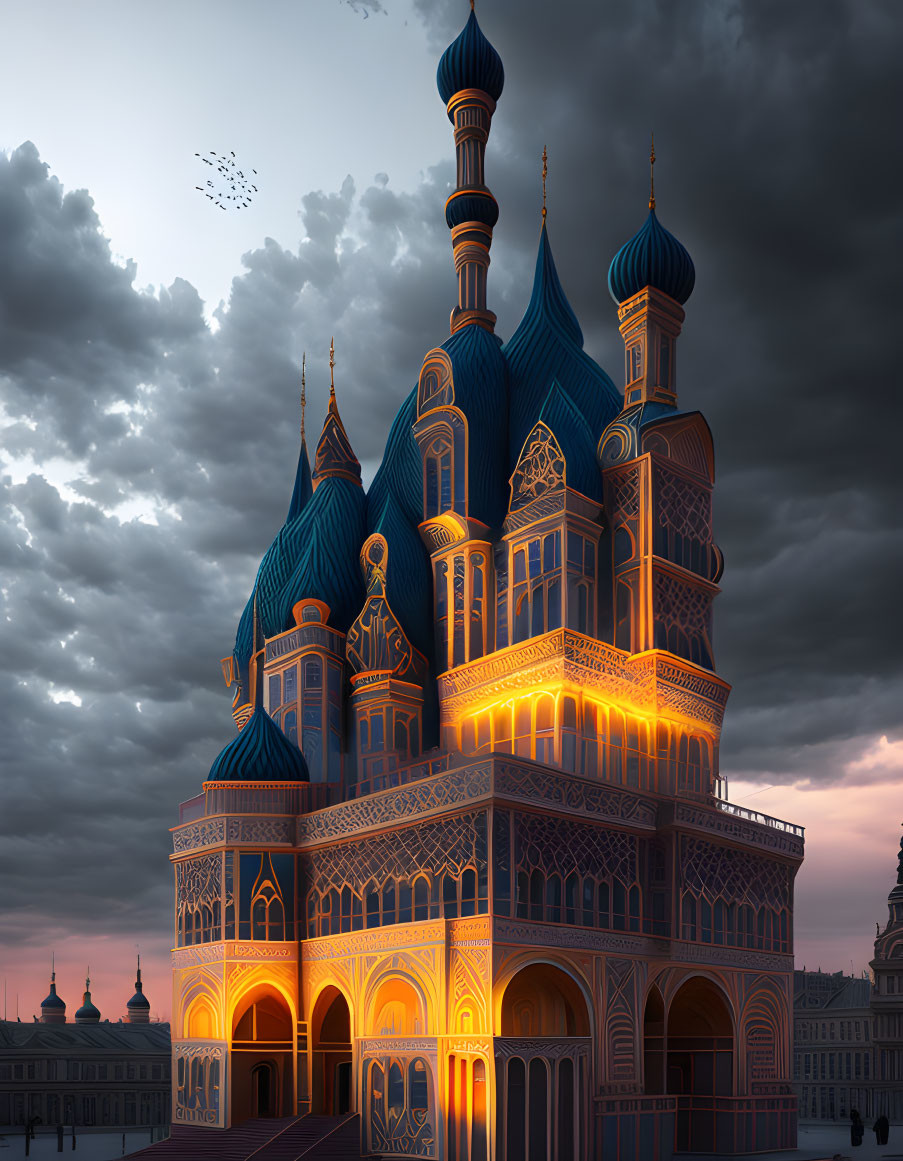 Ornate Cathedral with Blue Domes at Twilight