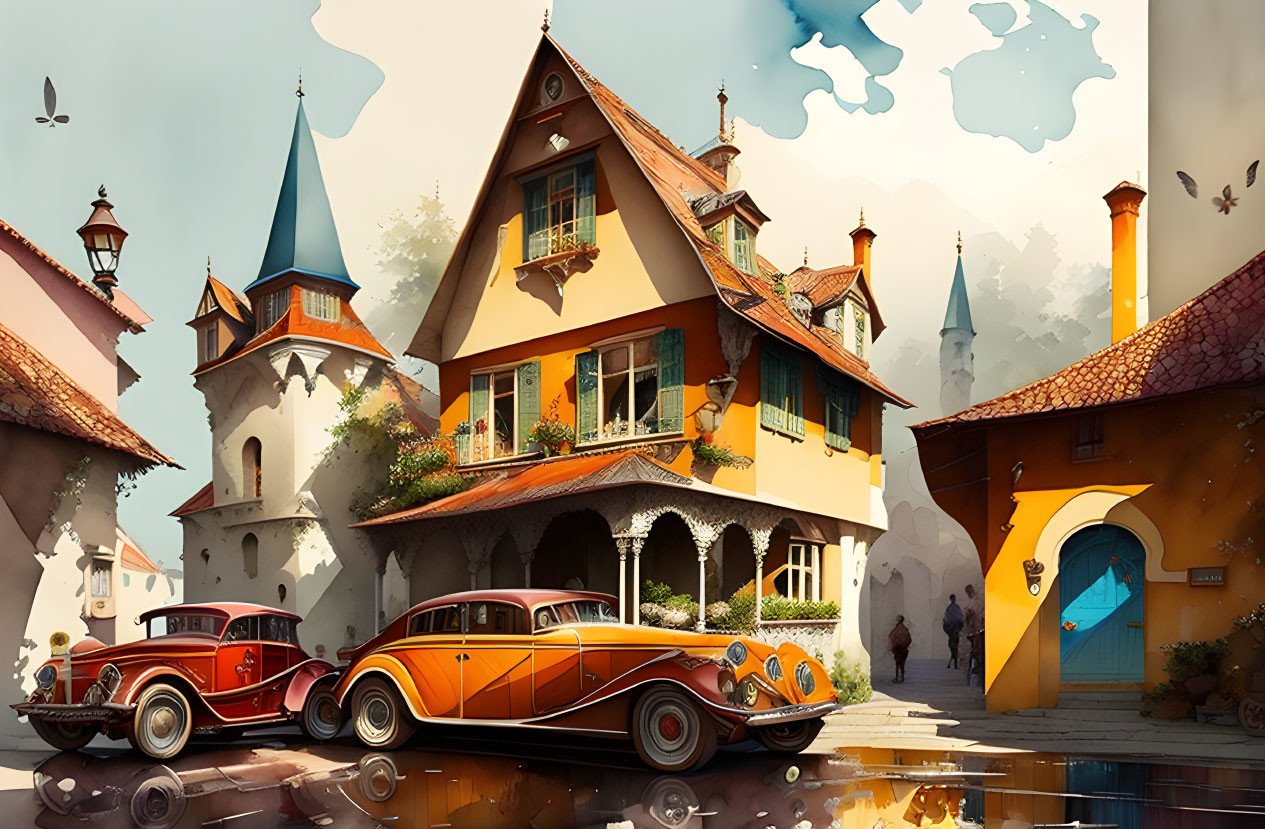 Colorful Village Street Illustration with Vintage Cars and Fantasy Elements