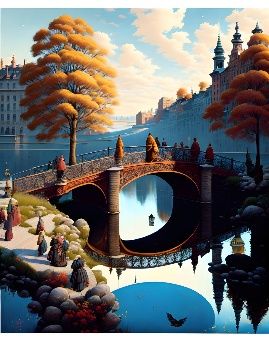 Elegant individuals on bridge in autumnal scene with Baroque buildings