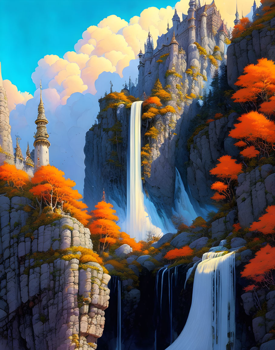 Majestic castle on cliff with waterfall, autumn trees, fluffy clouds