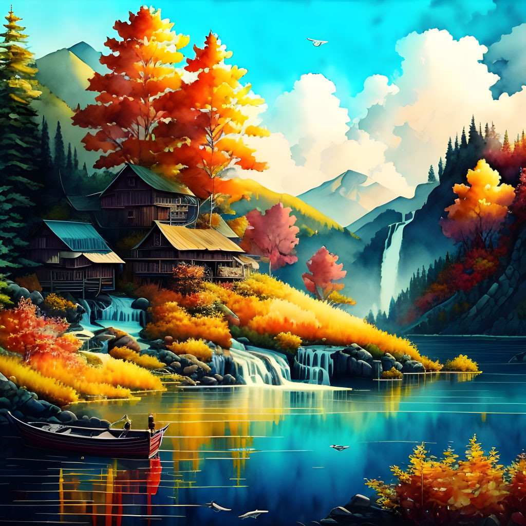Tranquil autumn scene with waterfall, cabin, lake, boat, and mountains