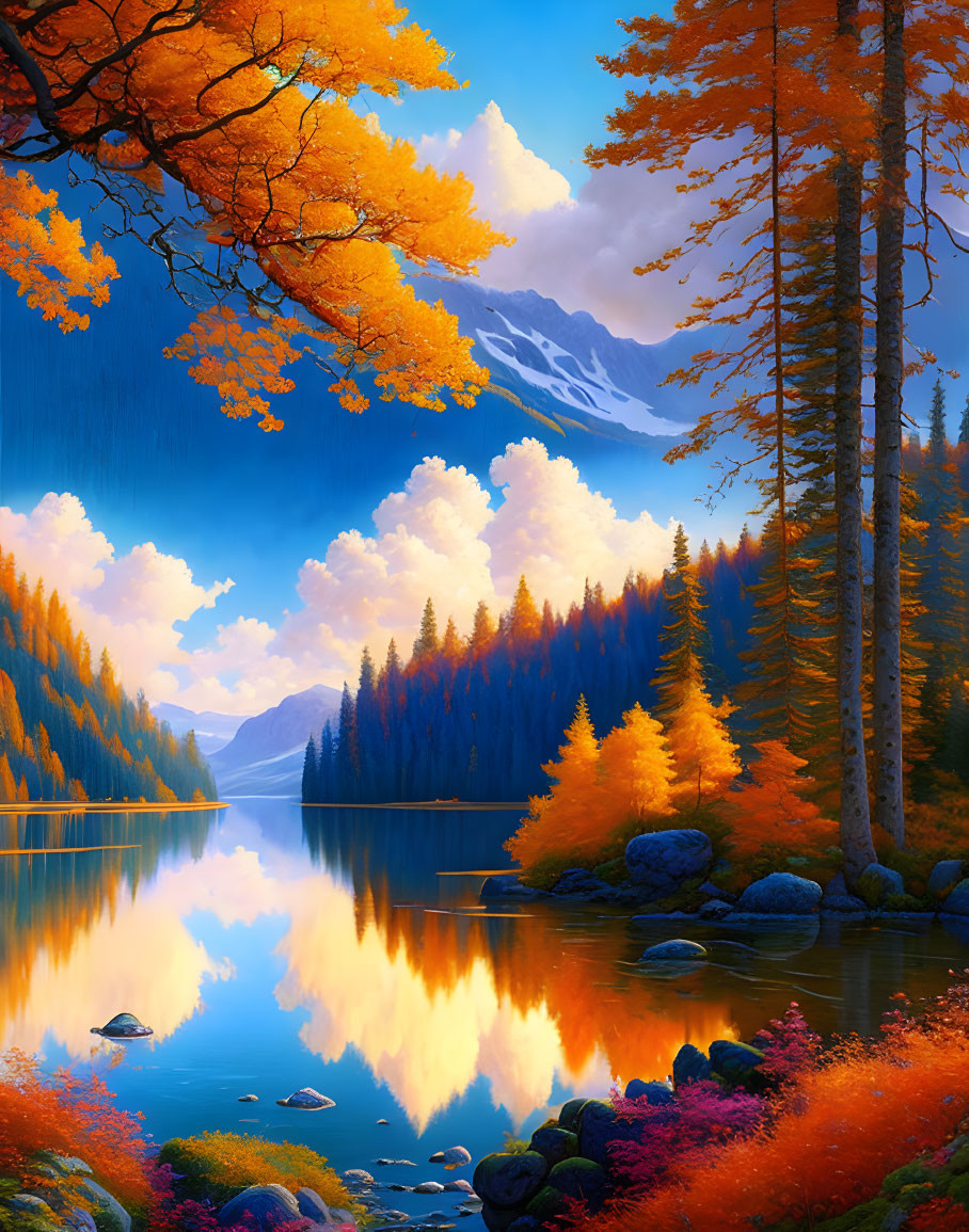 Scenic autumn landscape with colorful foliage, lake, and mountains