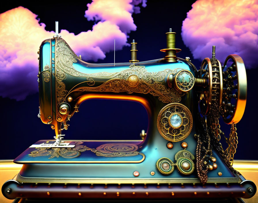 Vintage Sewing Machine on Purple Clouds and Golden Background