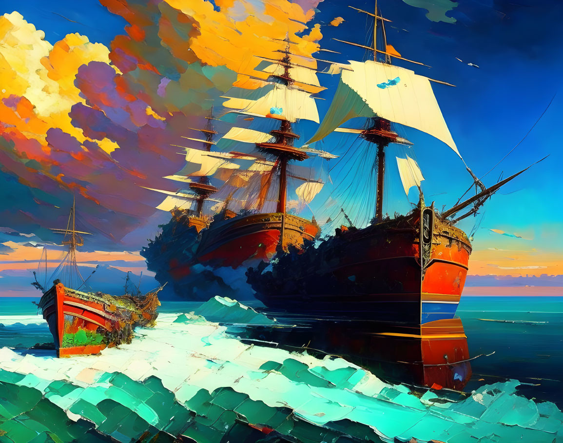 Colorful painting of tall ship on tumultuous sea with beached rowboat and dramatic sky