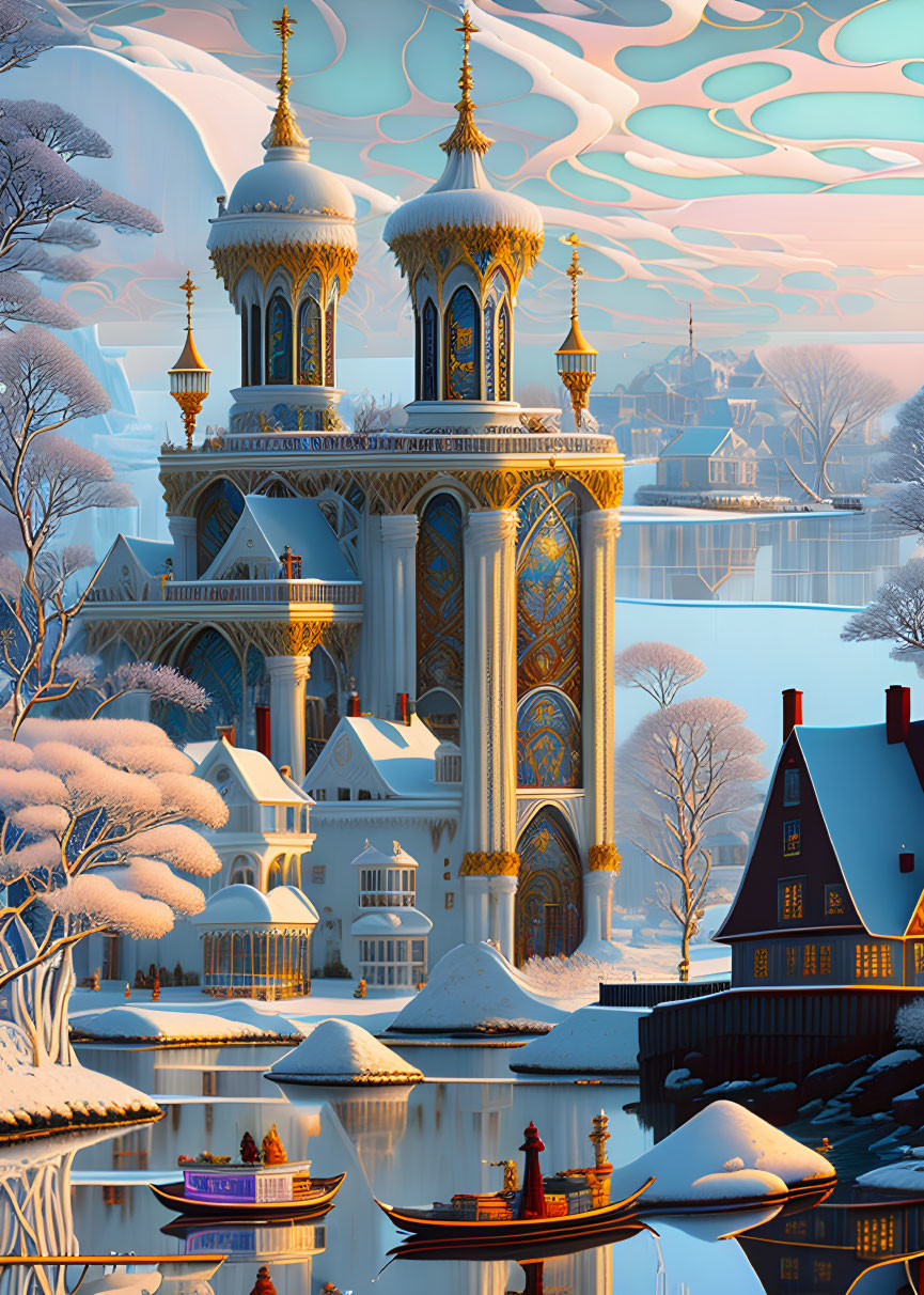 Ornate cathedral in fantasy winter scene