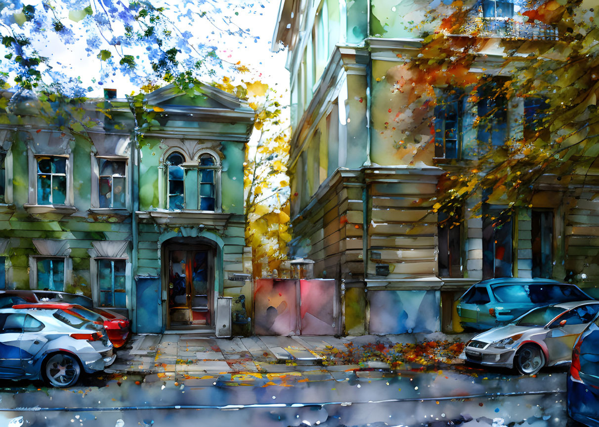 Colorful Watercolor Painting of Historic Street in Autumn