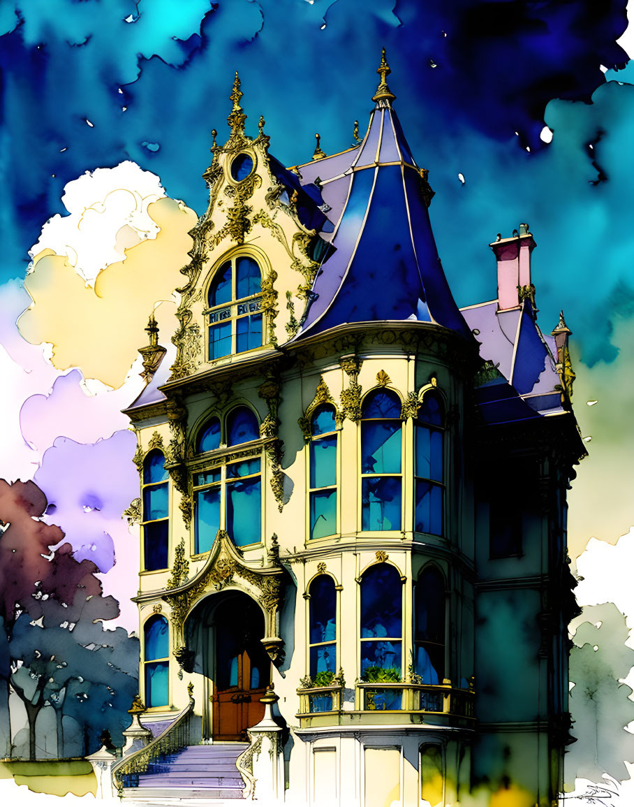 Whimsical ornate building with stained glass windows under vibrant sky