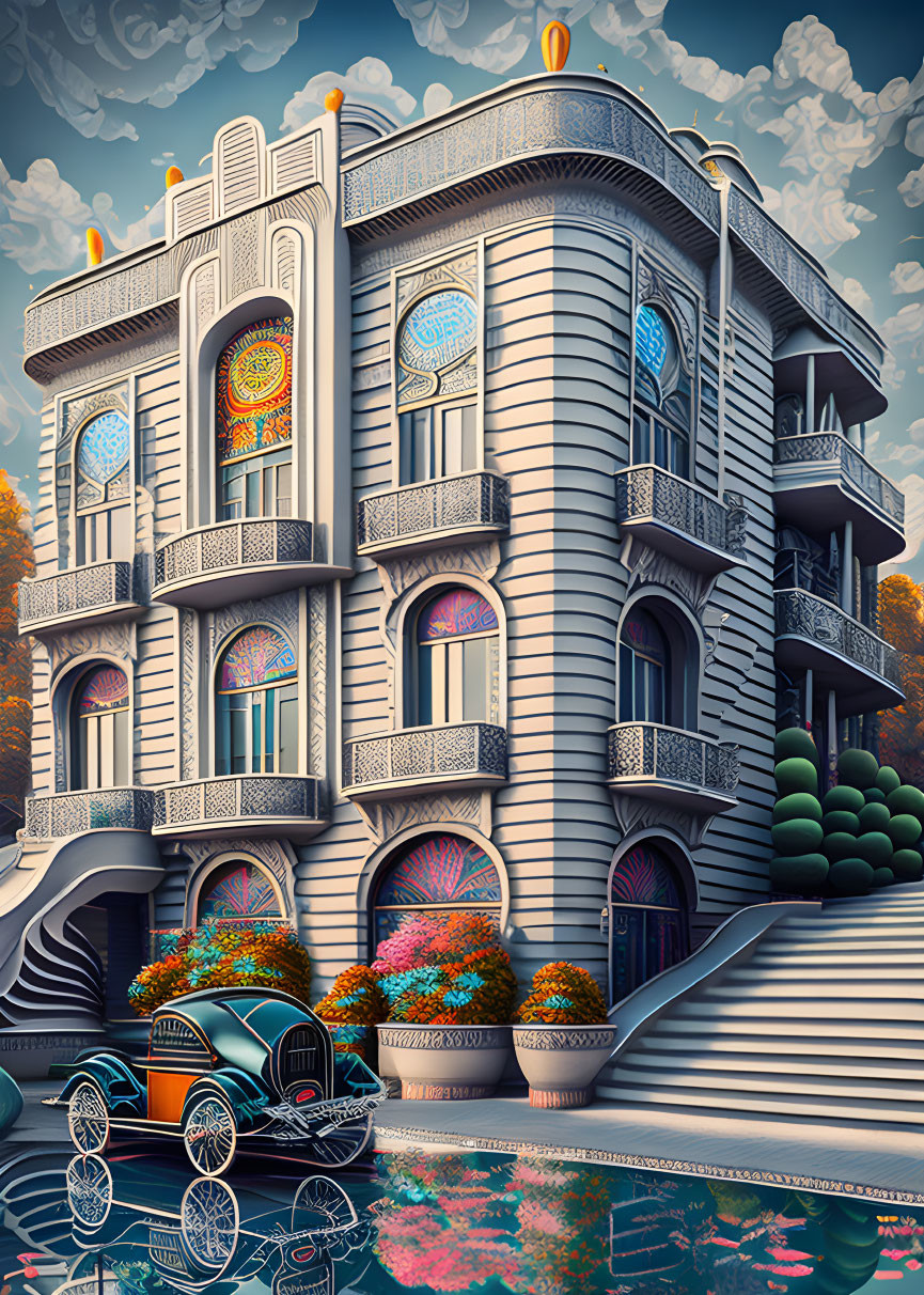 Art Nouveau-style Building with Balconies and Classic Car by Serene Pond