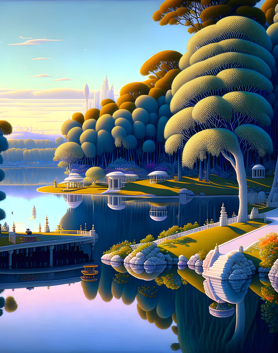 Fantastical landscape with stylized trees, calm lake, whimsical structures, boat & twilight sky