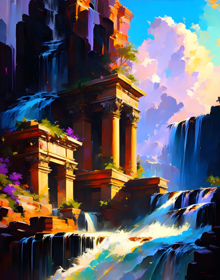 Digital artwork: Mythical place with ancient ruins, waterfalls, and colorful sky