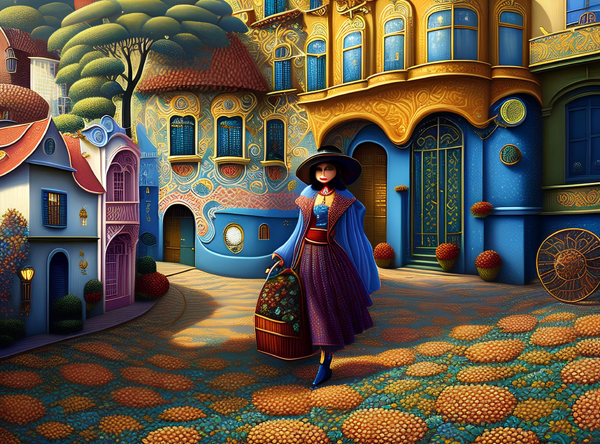 Illustration of woman in wide-brimmed hat and dress on cobblestone path with colorful buildings