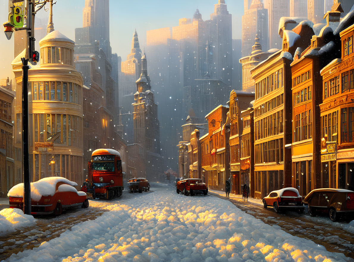 City street at sunset: snow-covered scene with parked cars, buses, and vintage buildings.