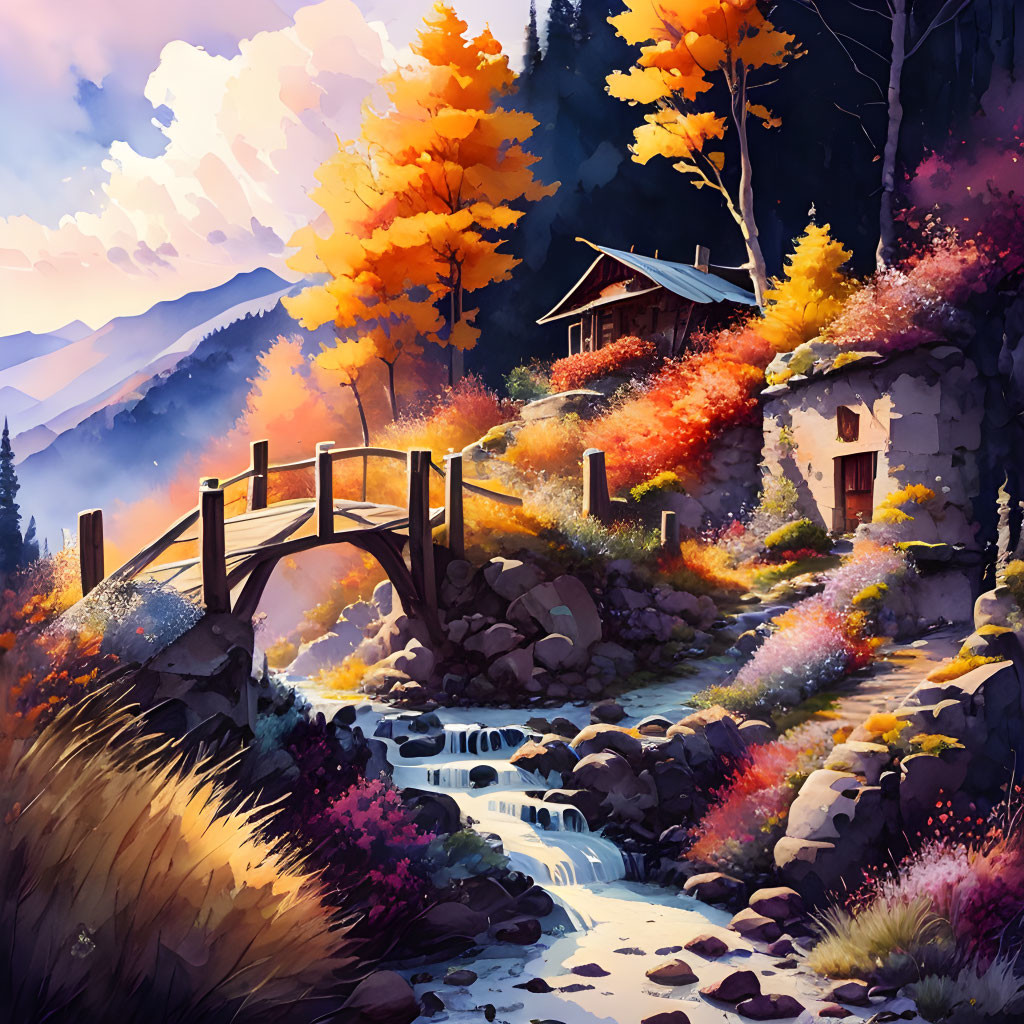 Vibrant autumn landscape: foliage, cabin, stone bridge, sunlight