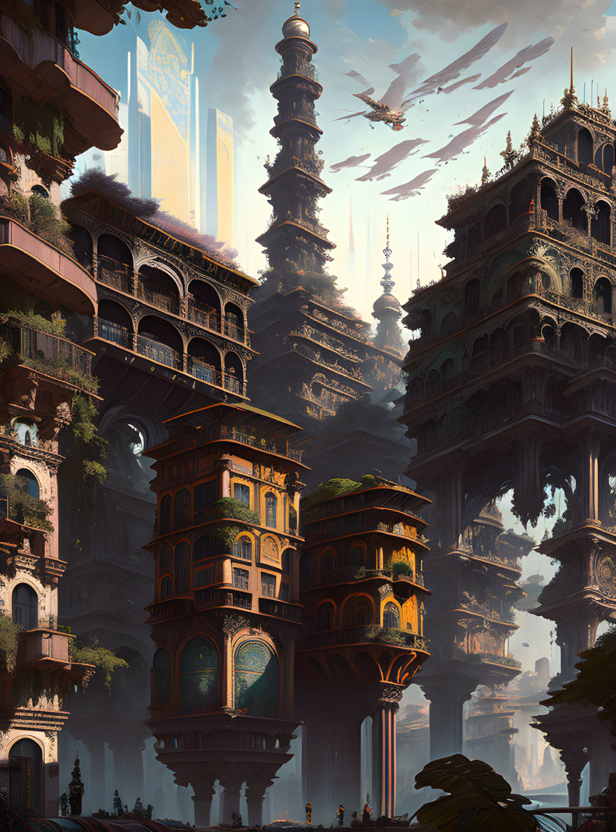 Fantastical cityscape with towering buildings, reflecting in water, birds soaring under hazy sky.