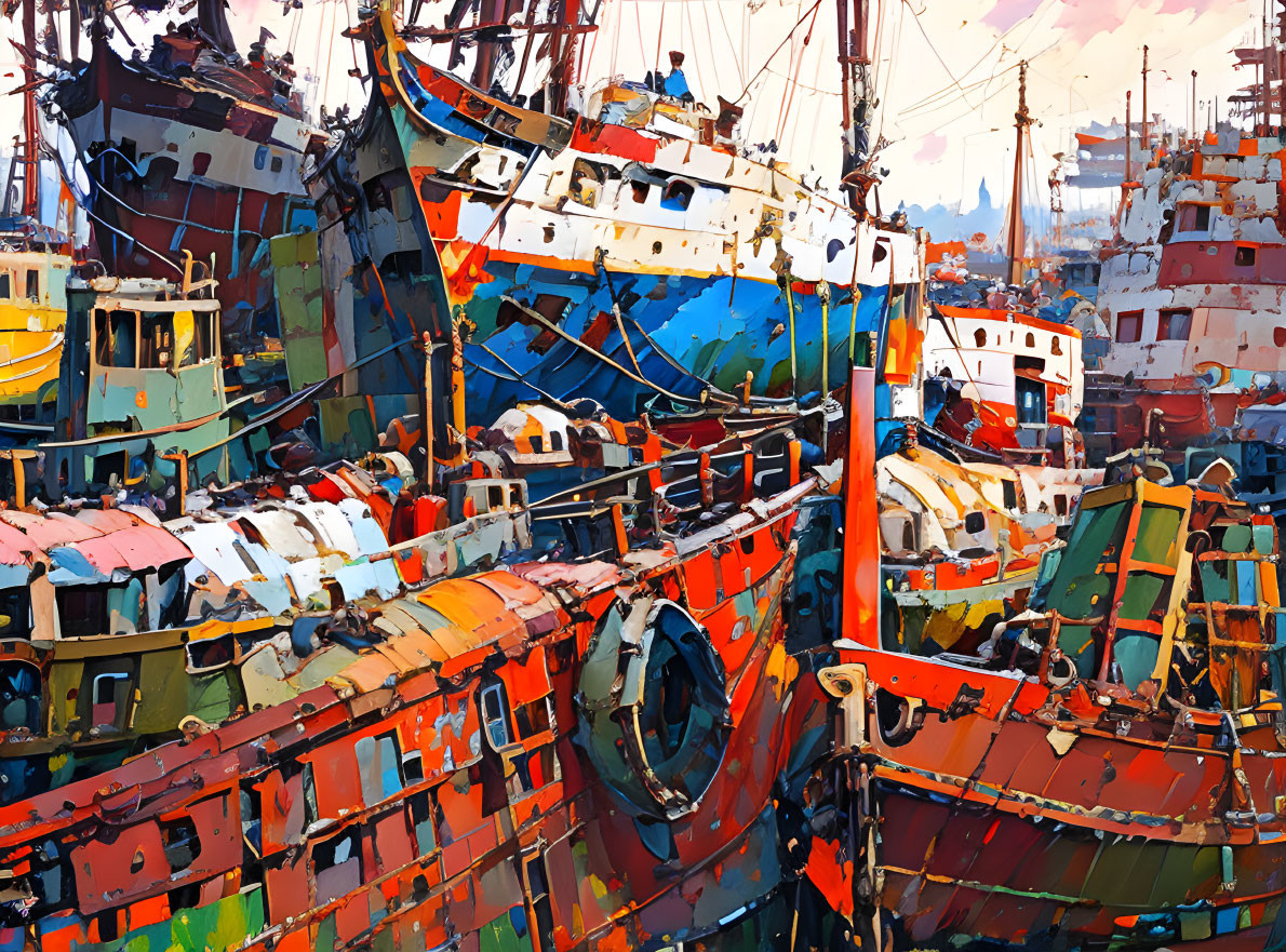 Densely packed, colorful fishing boats in various states of disrepair docked closely together