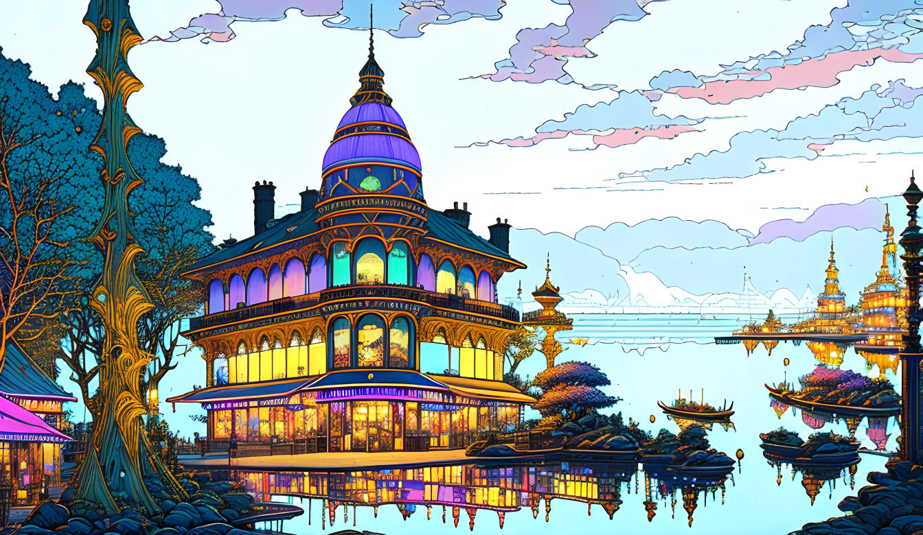 Colorful fantasy landscape with ornate buildings reflected in water at sunset