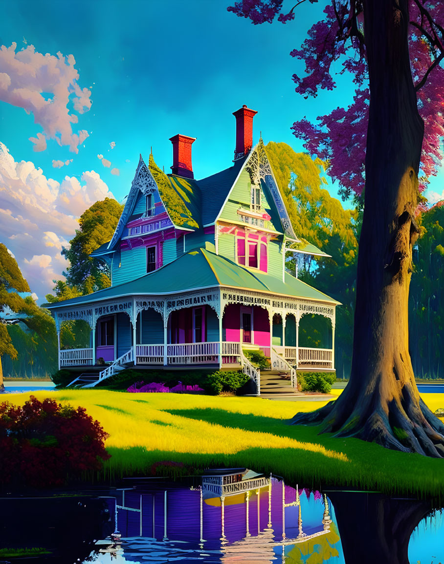 Victorian-style house with colorful façade, red roofs, two chimneys, tree, and reflection