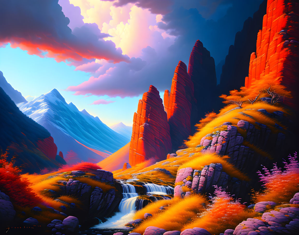 Fantastical landscape with fiery orange foliage & cascading waterfall