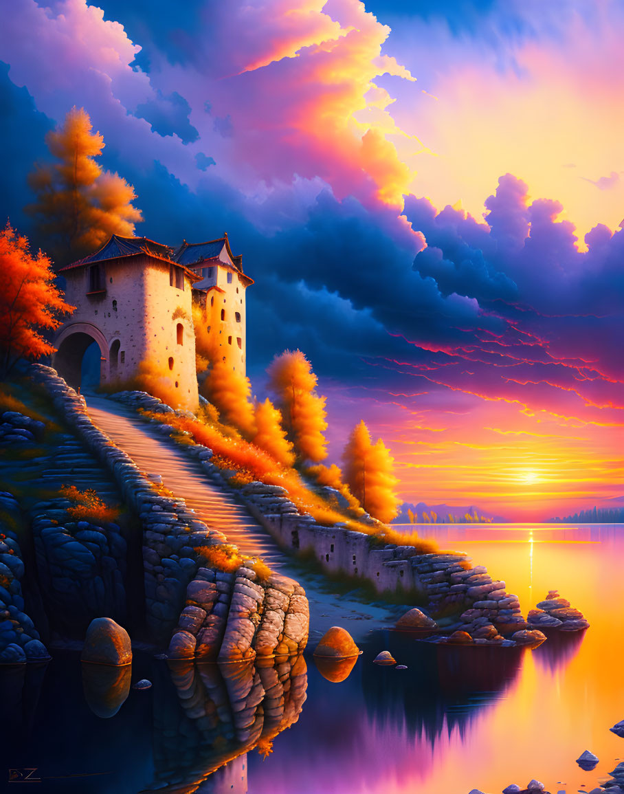 Fantasy landscape: castle, stone path, autumn trees, calm lake at sunset