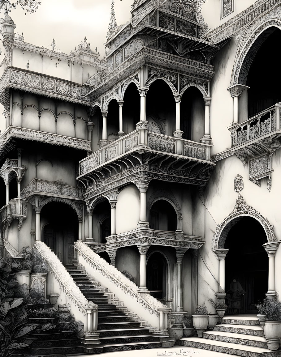 Detailed black and white illustration of a traditional Indian palace