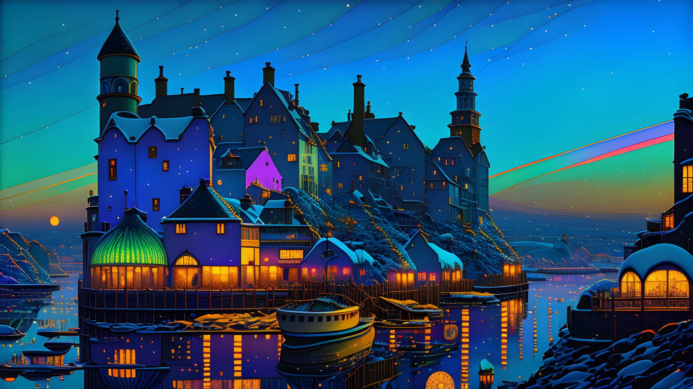 Fantastical coastal town at night with illuminated buildings