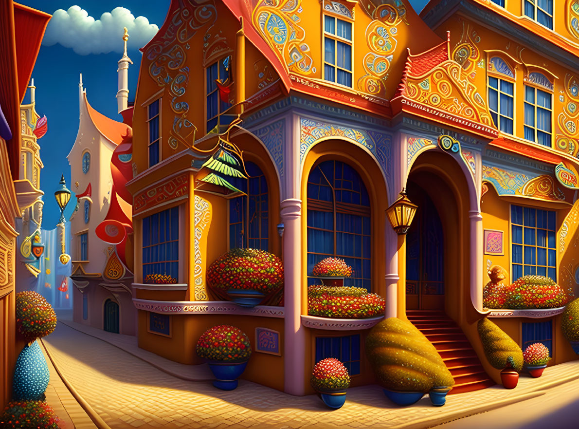 Vibrant Fairy-Tale Street with Colorful Buildings and Flowers