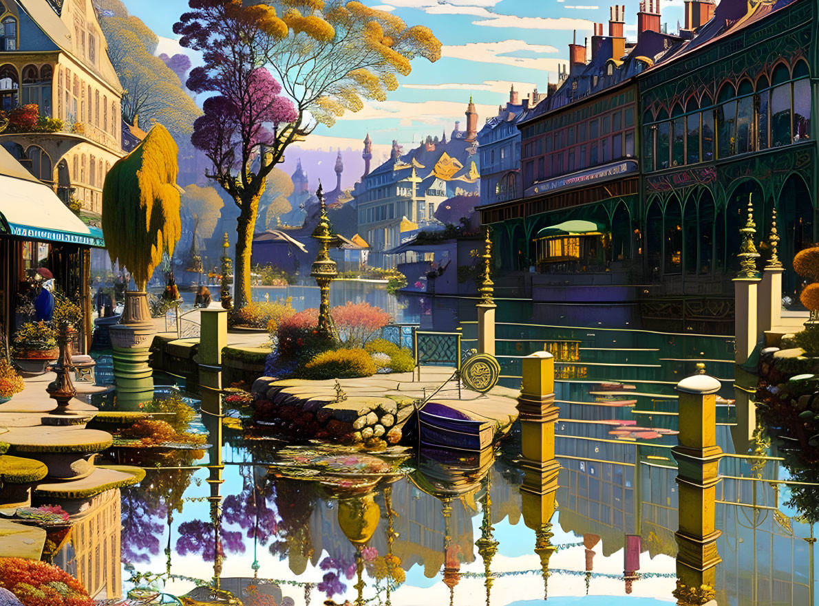 Tranquil pond in vibrant town setting