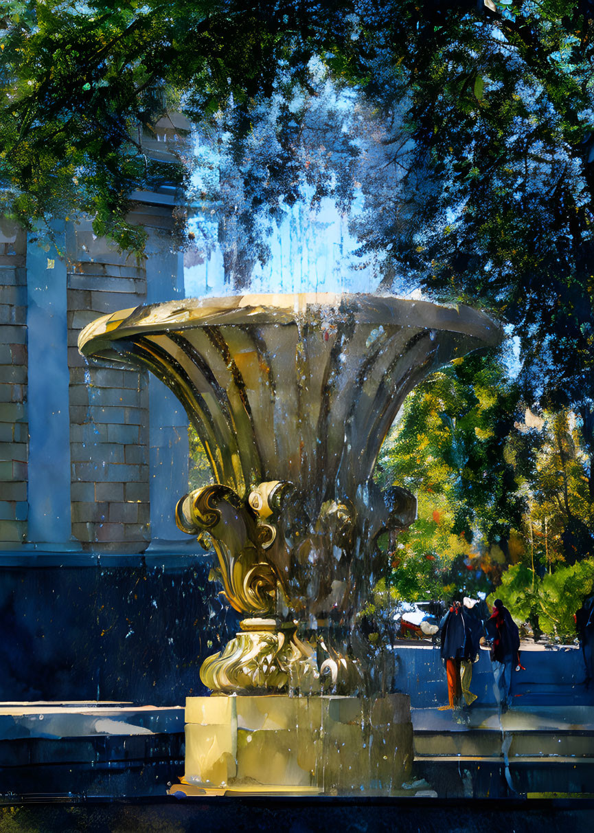 Scenic golden fountain amid autumn trees with walking people