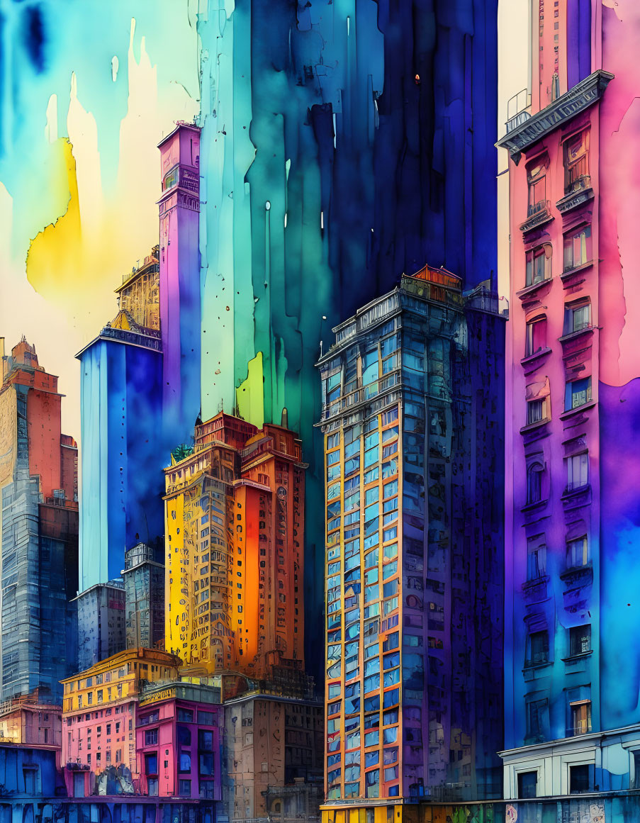 Vibrant cityscape painting with dripping paint effects