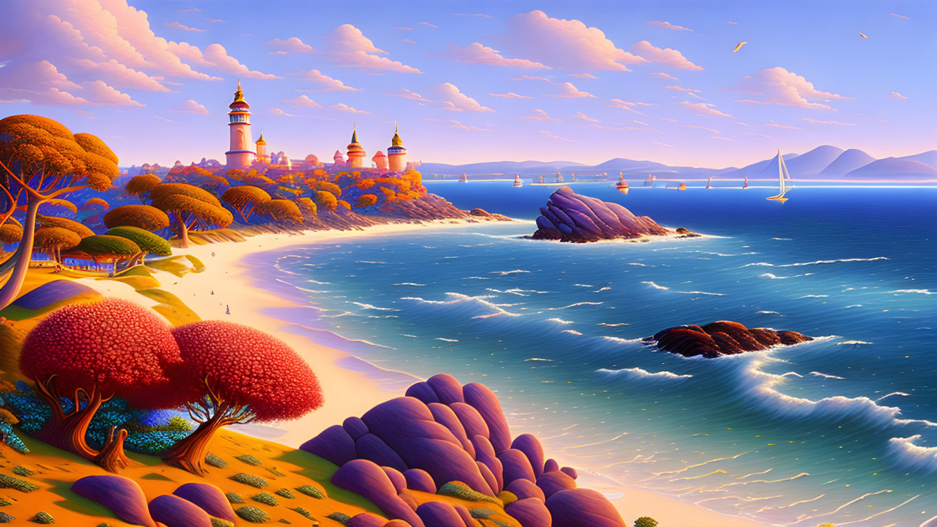 Sandy beach, azure sea, lighthouse, castles, boats, colorful trees landscape