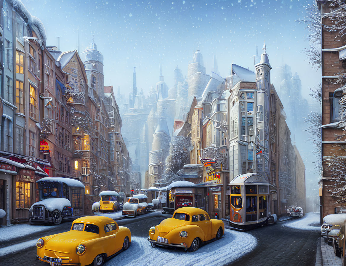 Snow-covered street with vintage taxis, tram, historic buildings, and falling snowflakes