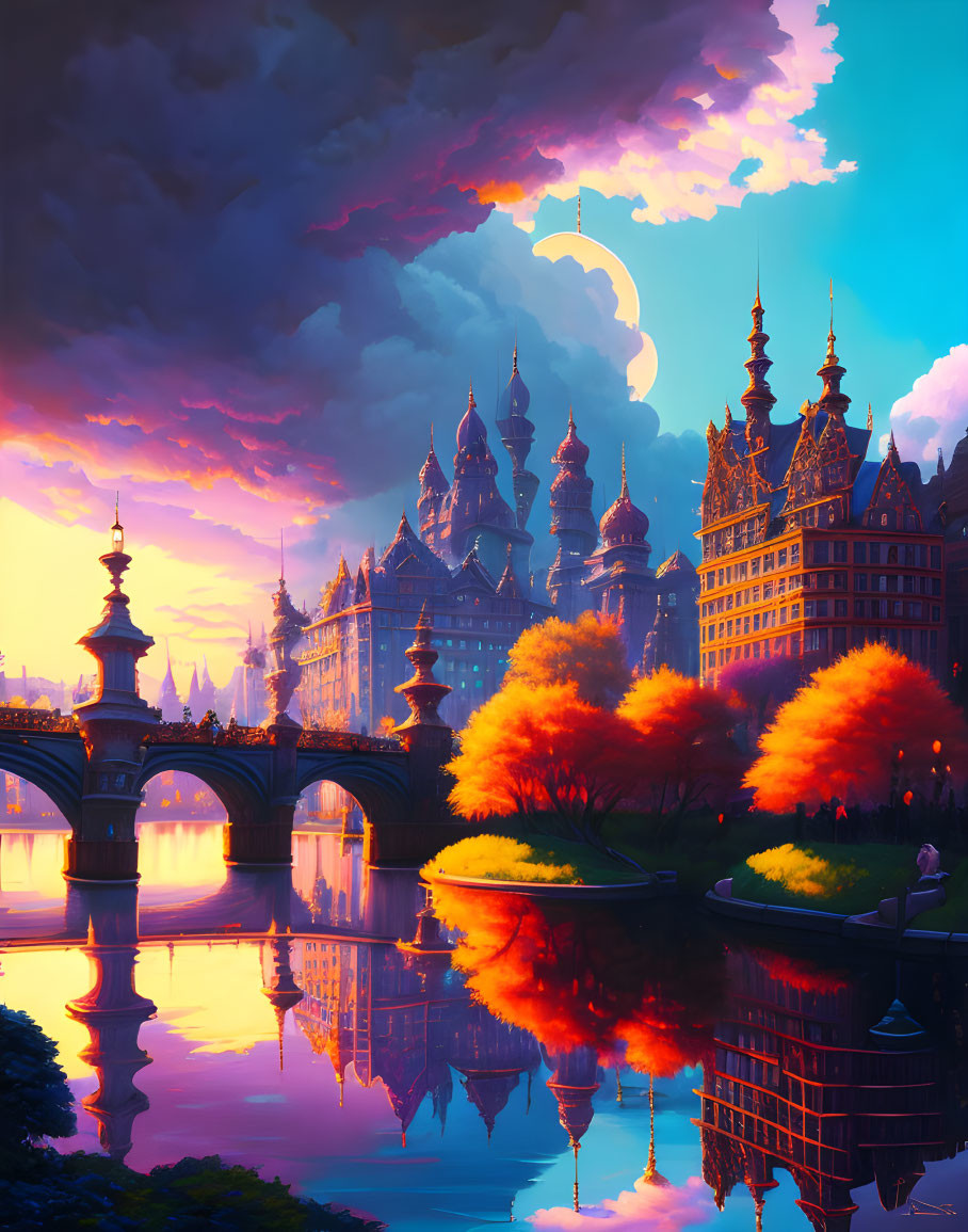 Vibrant cityscape with ornate buildings, reflective river, fiery autumn trees, and dramatic clouds