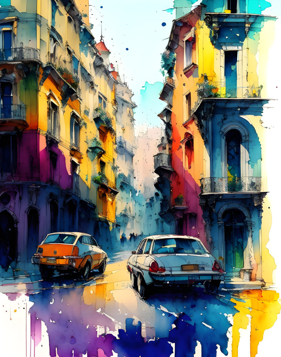 Colorful watercolor painting of sunny street scene with old buildings and classic cars.