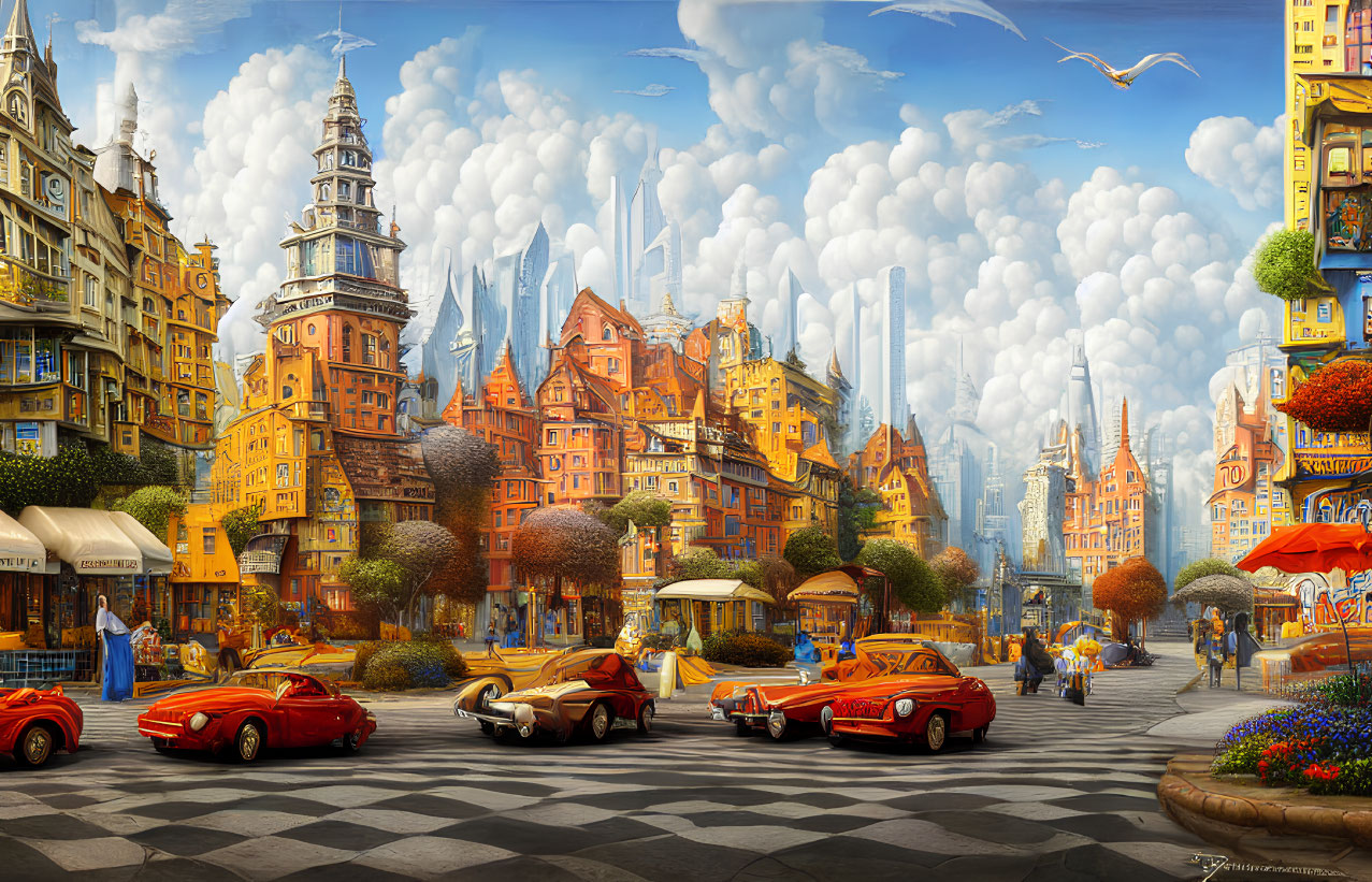 Cityscape: Classic meets futuristic in vibrant street scene