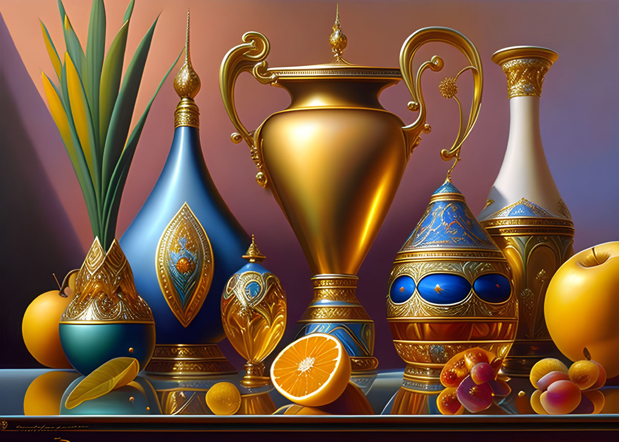 Ornate Golden and Blue Vessels with Fruits and Leaves on Gradient Background