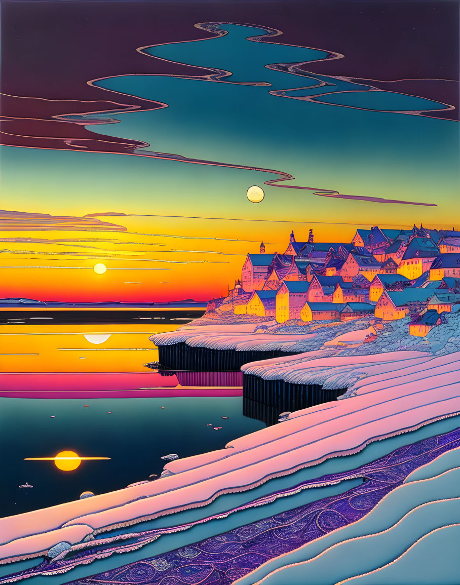 Stylized coastal village artwork: sunset, snow, colorful houses