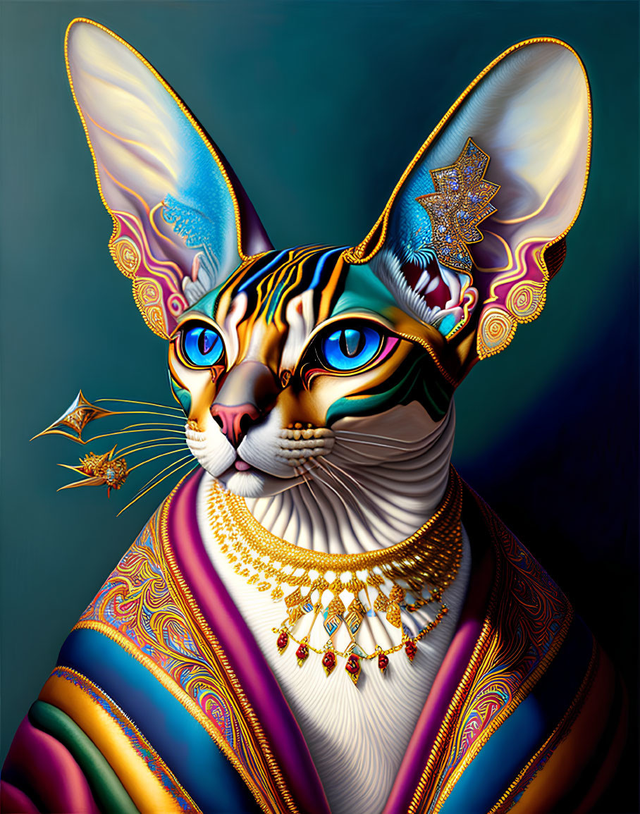 Colorful Cat Portrait with Jewelry on Dark Teal Background