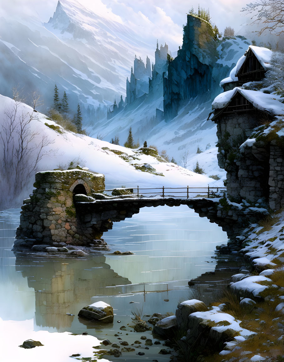 Snow-covered stone bridge over calm river in serene winter landscape