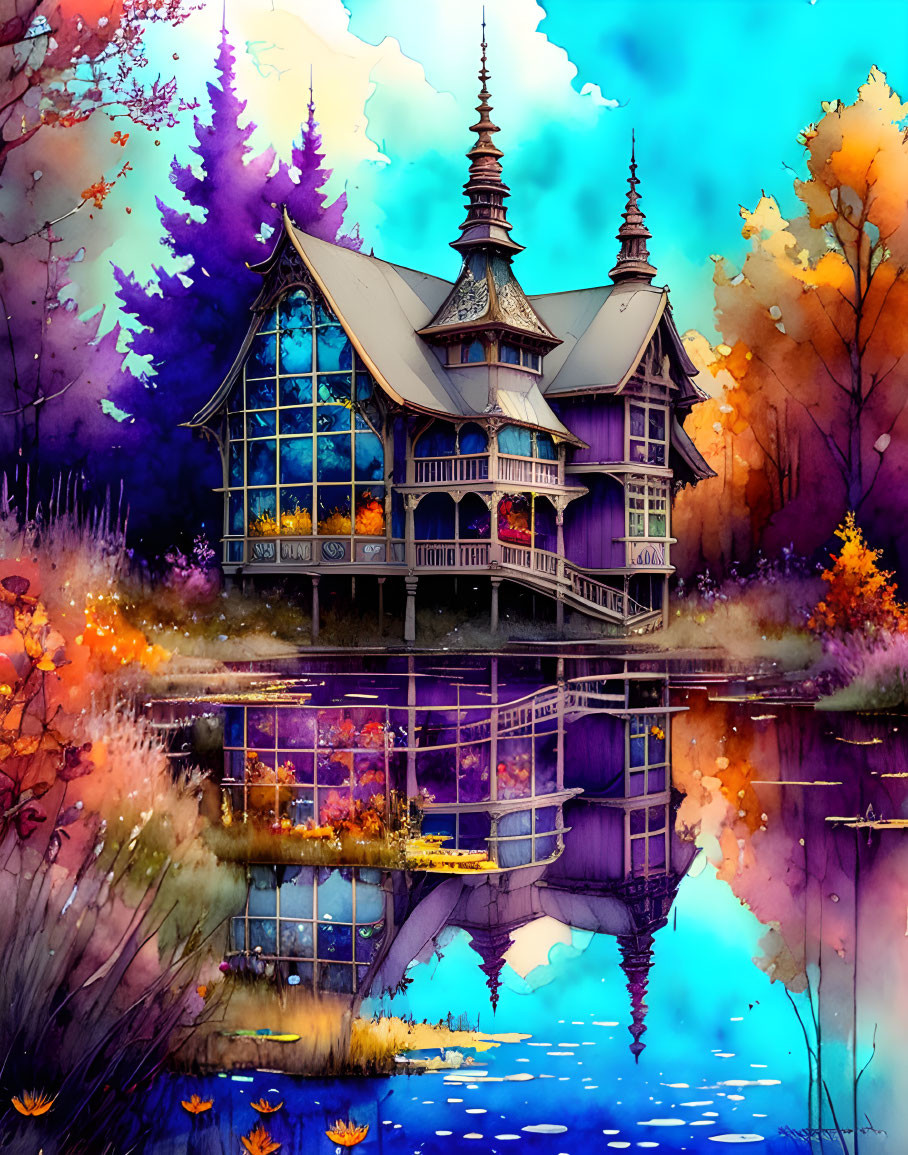 Ornate house with multiple roofs in autumn setting