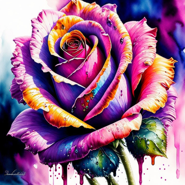 Colorful painting of a rose with water droplets on petals