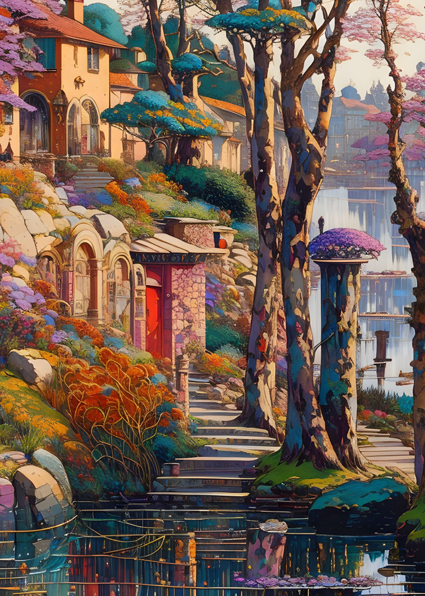 Colorful Fantasy Landscape with Whimsical Houses, Trees, and Waterfall