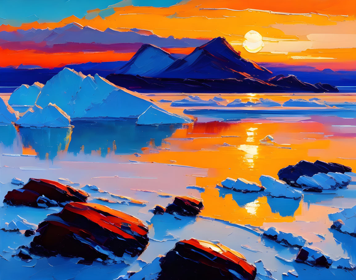 Colorful sunset painting over icy landscape with reflections, icebergs, and distant mountain