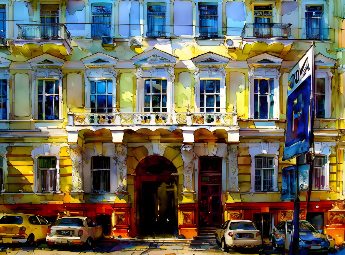 Vibrant artistic depiction of classic building facade and parked cars under clear sky