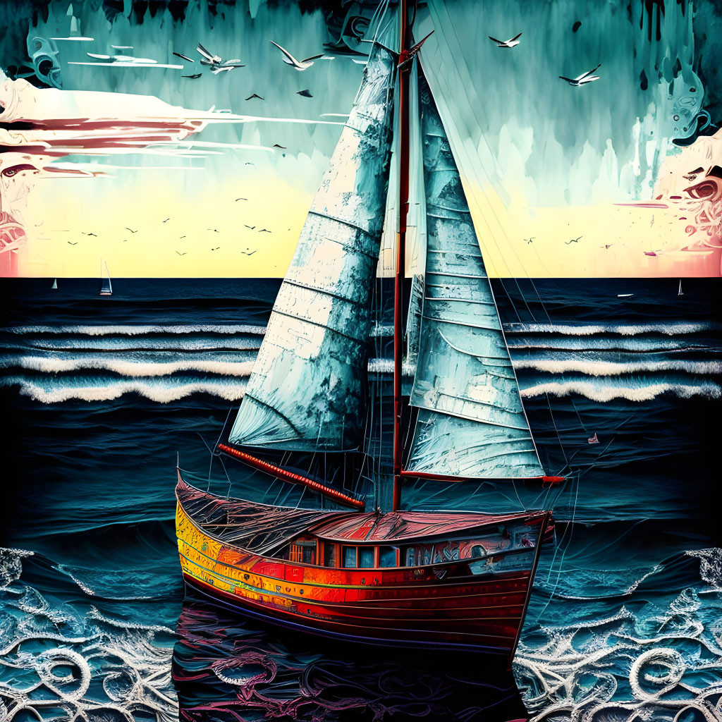 Colorful Sailboat Artwork on Surreal Wave-Patterned Sea