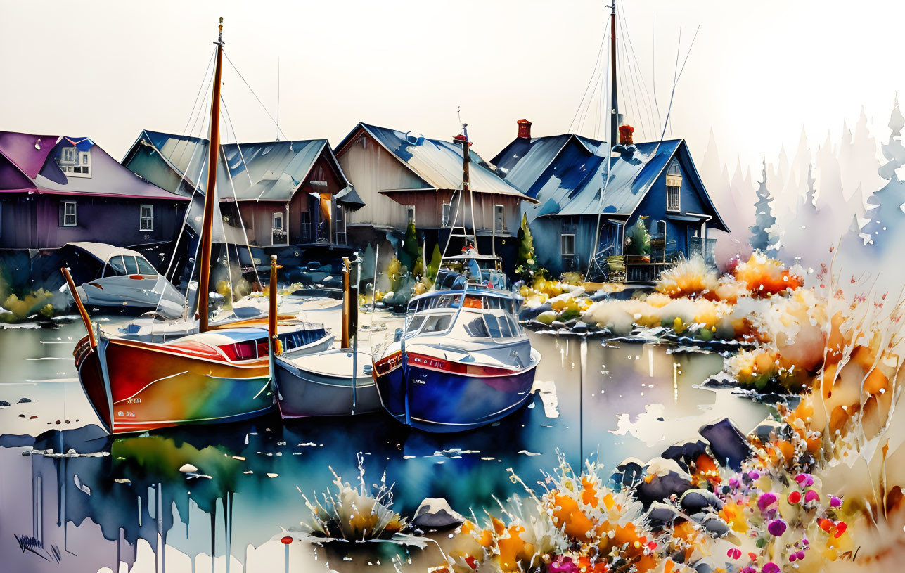 Serene harbor watercolor: boats, flowers, houses under hazy sky