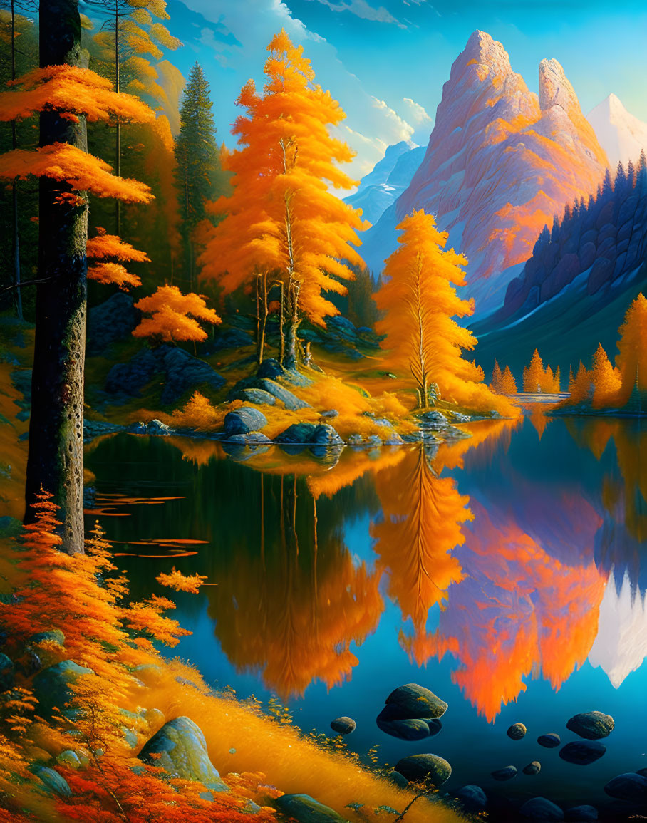 Scenic autumn forest with orange foliage reflected in mountain lake